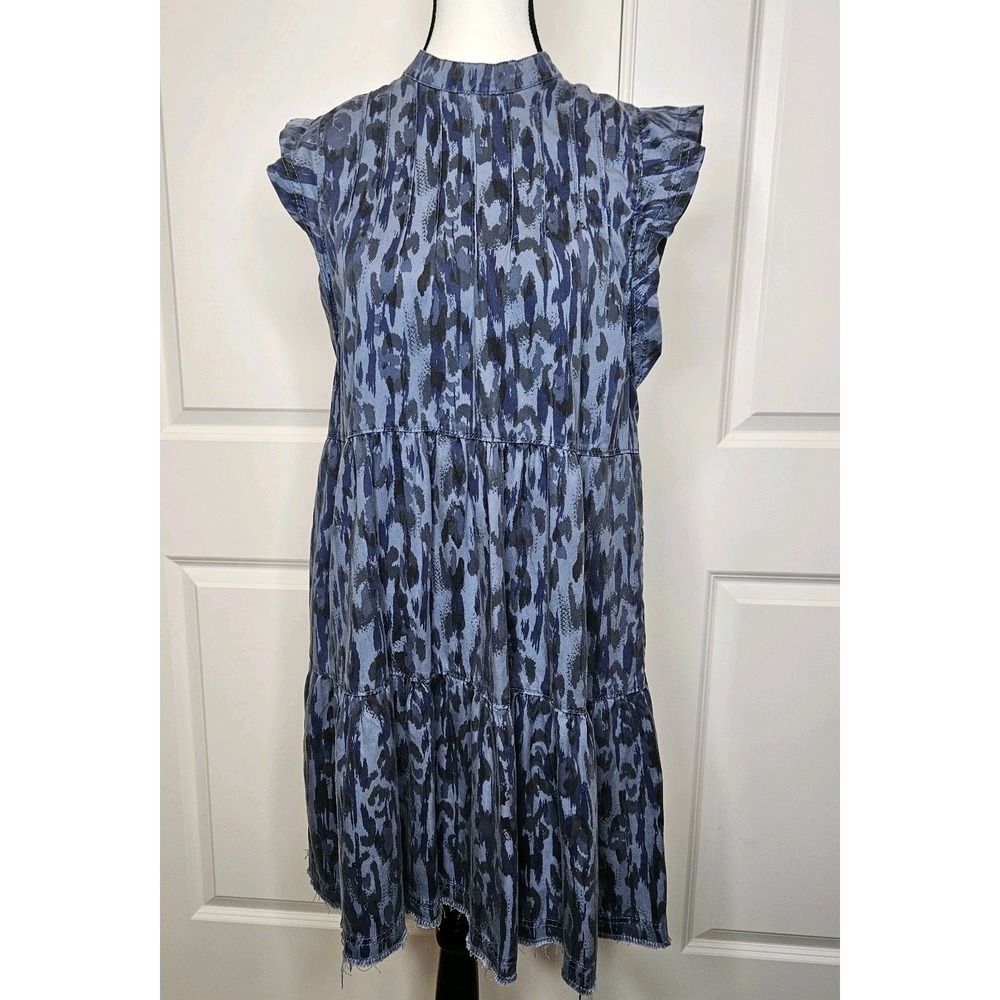 Anthropologie Jenee Tiered Tunic Fress Size Small Chambray Blue Animal Print